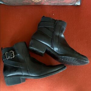 Anne Klein Black Leather Ankle Booties with Buckle Accent